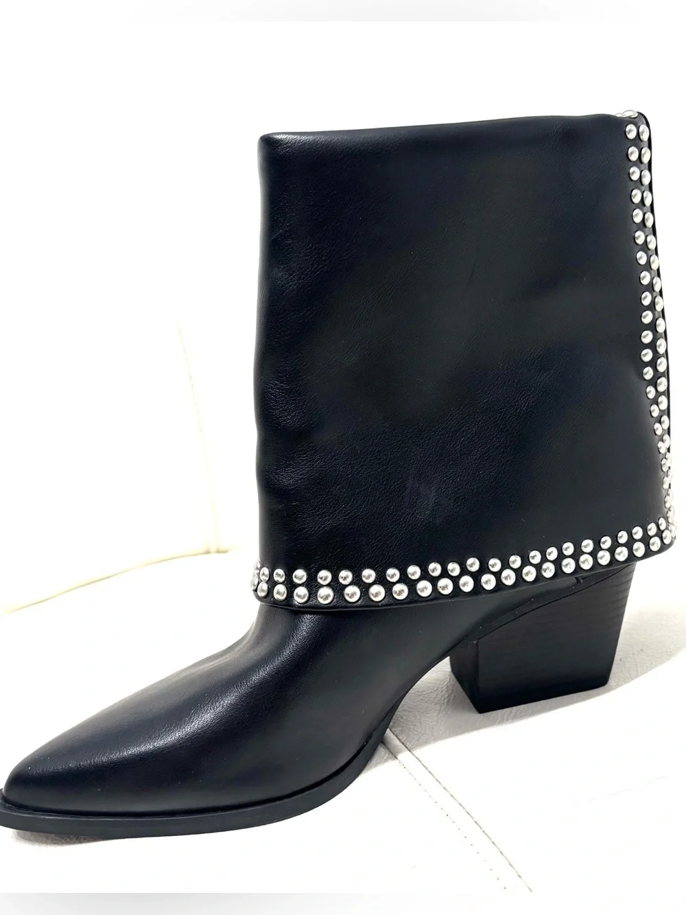 Michael Shanon Royce Fold Over Black Studded Pointed Ankle Booties